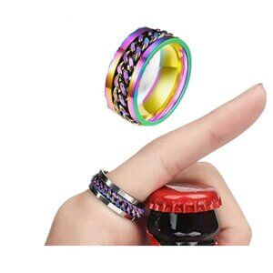 Fidget Ring Iridescent Ring & Chain Inset Stainless - Steel Spinner Ring